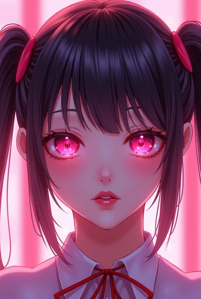One person, Twin tails, Pink eyes, Heavy makeup, Character portrait, Background pink,Wording 3000 yen off