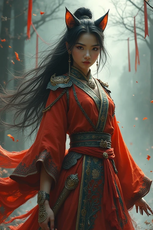 She has cat ears and sharp iron claws on the back of her hands. Her gender is female and her costume is ethnic attire.
