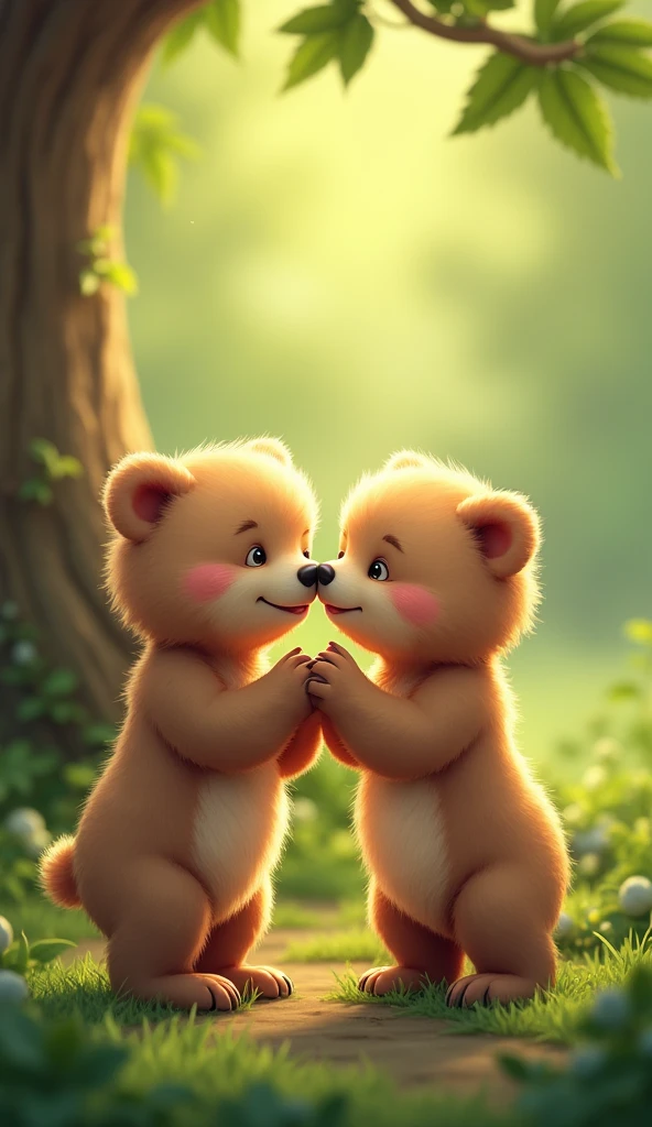 Two cute newborn cubs, love each other, lick each other, show their tiny features and soft feathers. Background, green tree