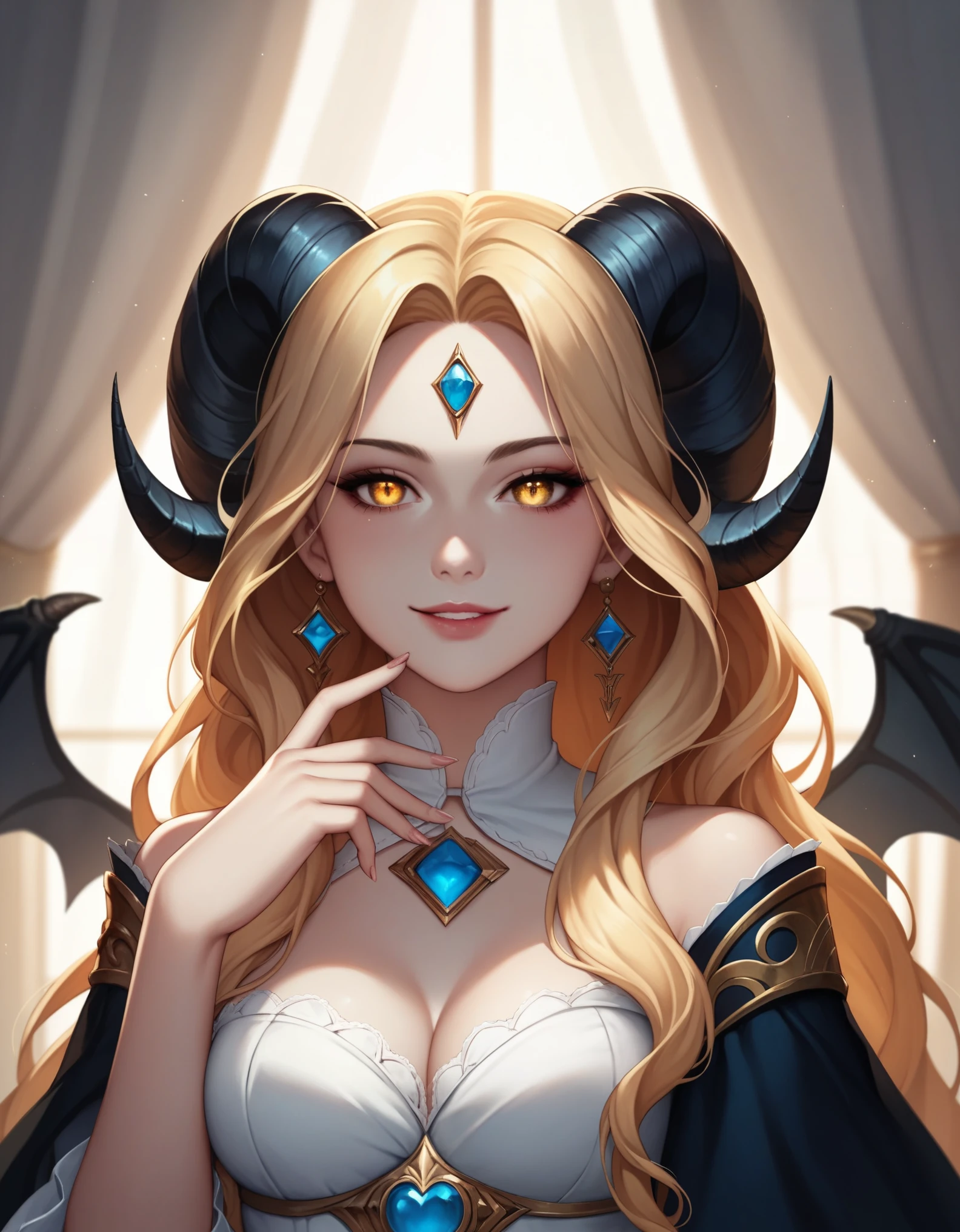 A demonic and seductive looking anime character, with black wings, long dark flowing hair, bright golden eyes, and curved horns like those of a ram. has pale skin, a mischievous smile and a playful and mysterious expression, holding a finger to his lips as if silencing someone. She wears a white dress with intricate detailing and gold accents, along with a blue gem on his chest. The scene is dramatically lit., with soft shadows that enhance her sharp features, as the background fades into darkness, adding an enigmatic and magical touch. The style is a mix of anime fantasy with intricate details, Capturing an intense portrait, close and dynamic