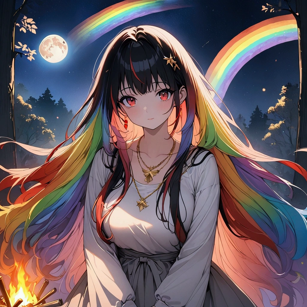 (((anime))) One Woman,I have a sword,Master Sword,Brave,Long Hair,(Rainbow Hair),Bangs parted in the center,necklace ((Red eyes)),大きな瞳 Braveの服,The Legend of Zelda,in the forest,Bonfire,night,full moon,star,Backlight,masterpiece,Highest quality,Exquisite,8k,Absurd,Ultra-fine illustrations,(View your audience)