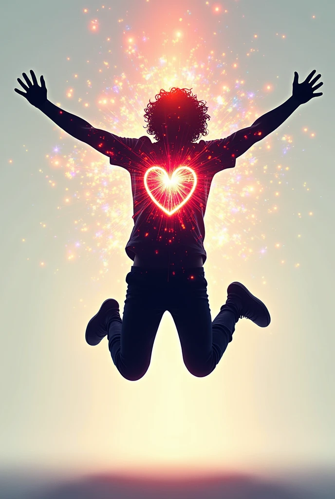 Please make a silhouette image of an excited, jumping person's body with a colorful heart and brain that evokes dopamine.