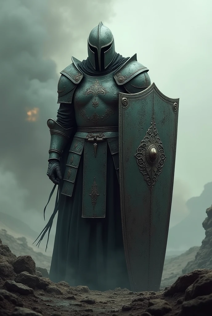 Sad warrior with armors, shield and helmet