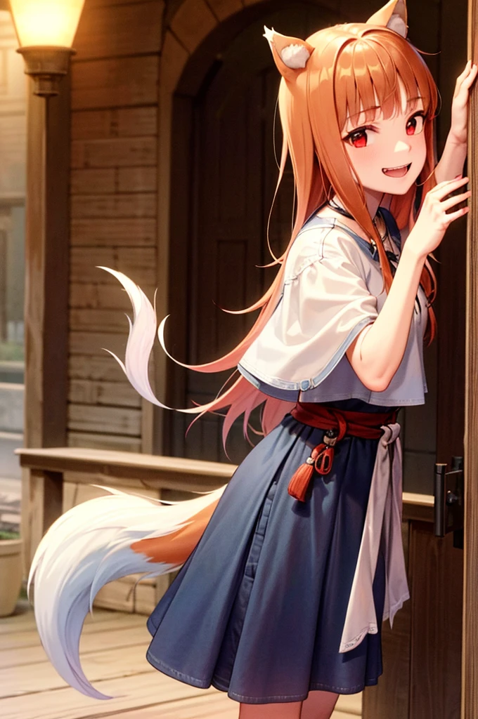 masterpiece, Highest quality, High resolution, One person, Long Hair, Brown Hair, Wolf Ears, Red eyes, Wolf's tail, White tips of ears、The tip of the tail is white、A small cloth bag,Hanging from the neck, Are standing, Cowboy Shot, smile, Double teeth