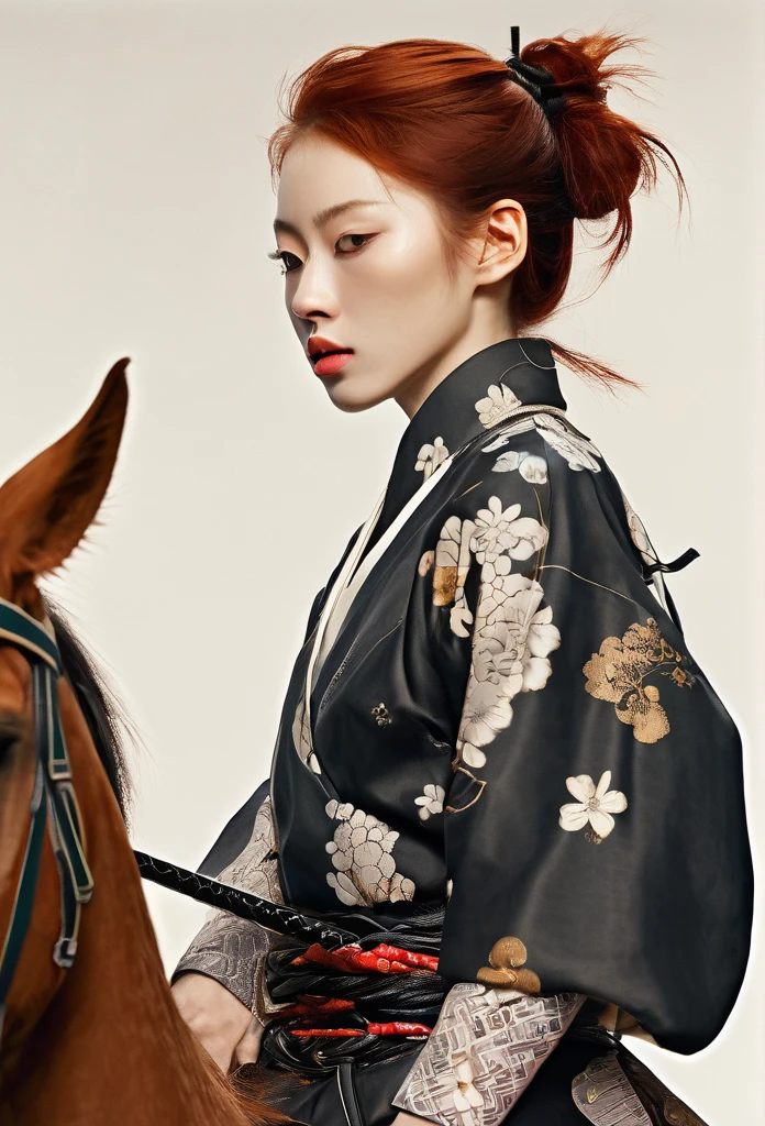 Full body, redhead Japanese female Samurai with horse, slim young, sensual warm dreams, minimalism, Vogue poster style, young slim, hug saint horse, high quality, surreal, long perfect legs,by Egon Schiele style. concept high details --ar 9:16 --sref 21458 35761 --personalize ahxd93i --stylize 300 --v 6.1