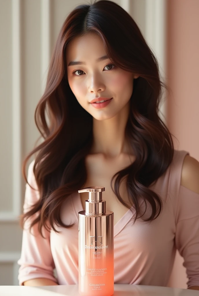 make an advertisement about a hair product called "TrueGloss" with an Asian poster girl using it. the product must appear in front of it, highlighting his name but also the poster girl in the background, enhancing your silky hair.