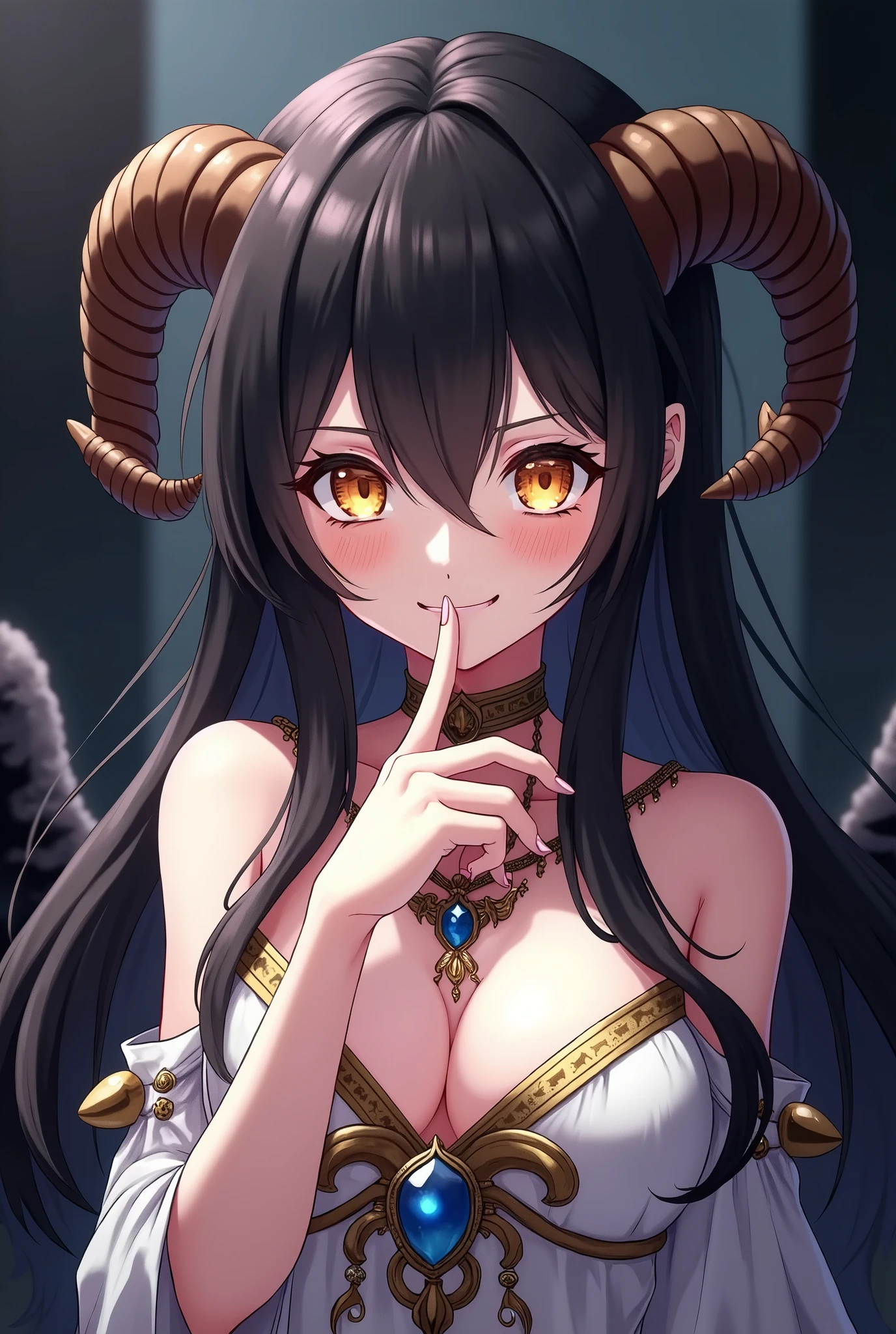 A demonic and seductive looking anime character, with black wings, long dark flowing hair, bright golden eyes, and curved horns like those of a ram. has pale skin, a mischievous smile and a playful and mysterious expression, holding a finger to his lips as if silencing someone. She wears a white dress with intricate detailing and gold accents, along with a blue gem on his chest. The scene is dramatically lit., with soft shadows that enhance her sharp features, as the background fades into darkness, adding an enigmatic and magical touch. The style is a mix of anime fantasy with intricate details, Capturing an intense portrait, close and dynamic