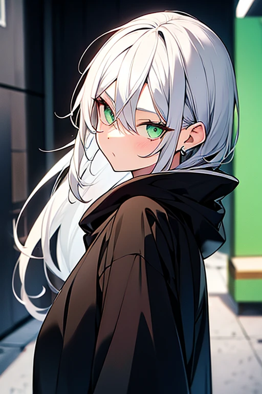 Cute girl with white hair and green eyes, black sweatshirt 