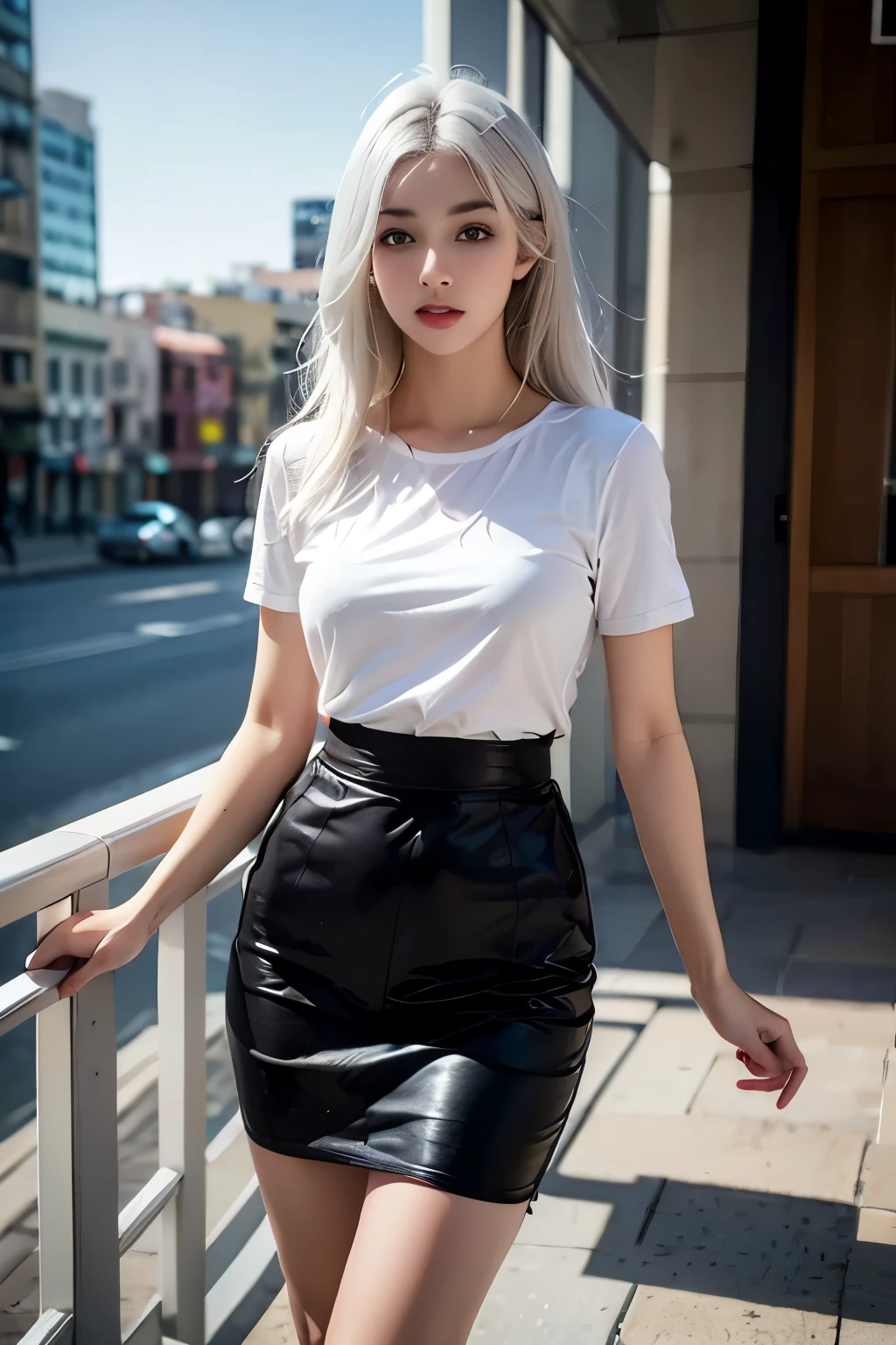 best quality, masterpiece, ultra high resolution, (reality:1.4), original photo, (perfect body), 1 girl, gray hair, Above the waist, lonely, , skirt