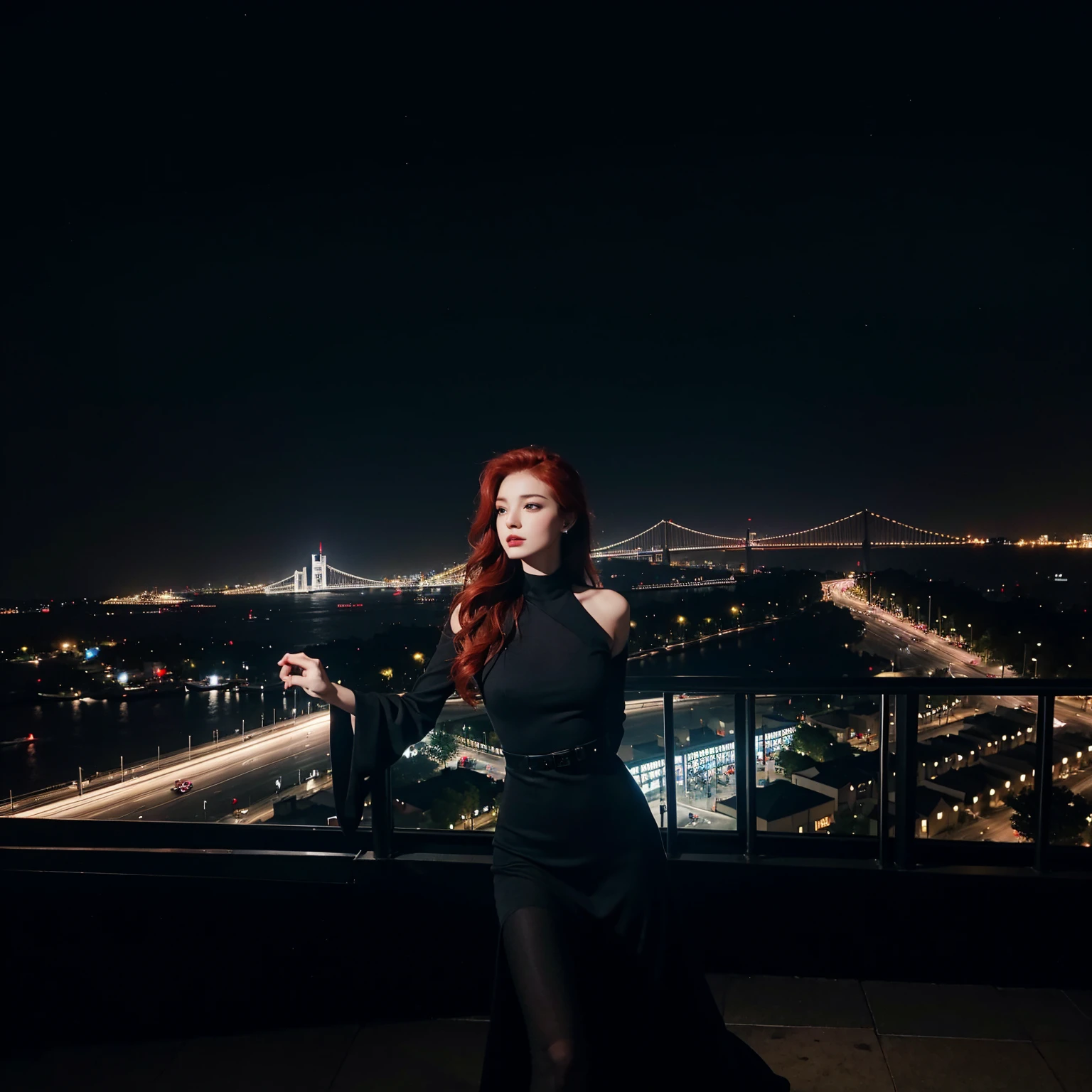 Woman in black dress overlooking city at night, Overlooking the modern city, looking at the city, looking at the city, Graceful woman in black dress, Wearing elegant dresses, Looking out, city in background, Beautuful Women, Portrait photos, nightlife, neo - noir style, location:Istanbul, On the rooftop, On the roof, Roof the city,russian red head 2 woman.