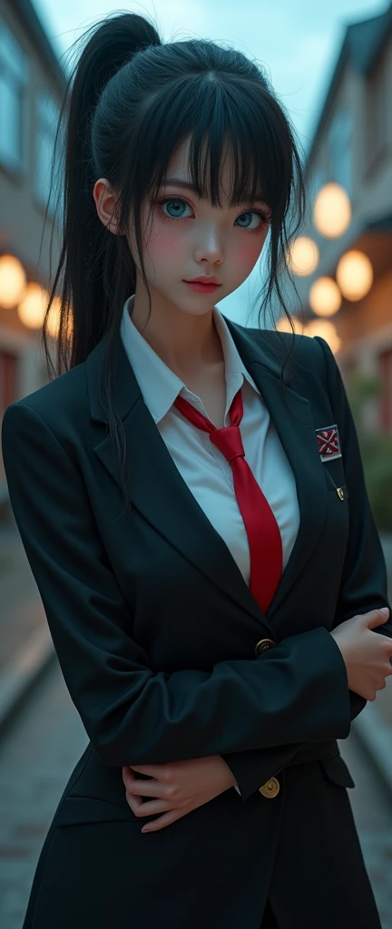 (32K:1.9, Realistic:1.9, Highest quality, masterpiece, Ultra-high resolution), Perfect dynamic composition, Highly detailed skin and facial textures:1.3, Detailed eyes, Detailed limbs, (Cute sexy slim Japanese schoolgirl, expensive、Skinny Japanese high school student), Fair skin, ((Clarity:1.1)), ((Man is anime「Demon slayer」Tanjiro Kamado Cosplay)), (wears a uniform of a blazer and a red tie.), (A high school student is carrying a high school student:1.5), (Cunning Smile:0.9, Totally captivates you:0.9), (beautiful Blue Eyes, beautiful, Clear Eyes:0.8), Sexy Face:0.4, blush:1.1, (beautifulエロティシズムを醸し出す雰囲気:0.8), woman'She has her hair tied in a ponytail, Professional random camera work, Cinematic Lighting Effects, ((Full Body Shot)), ((Too erotic:0.9)) , romantic, mysterious, Object of admiration, original, dramatic, artistic, Innovative, charm, Heartful, Fancy, Tilt, sense of loss, special, exciting, Extreme, sense of openness, joy, joyの表現, ((若さのcharm, woman的なcharm))