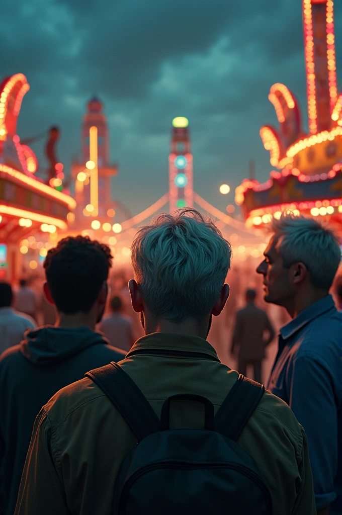 Young aged men with funfair see with upset faces