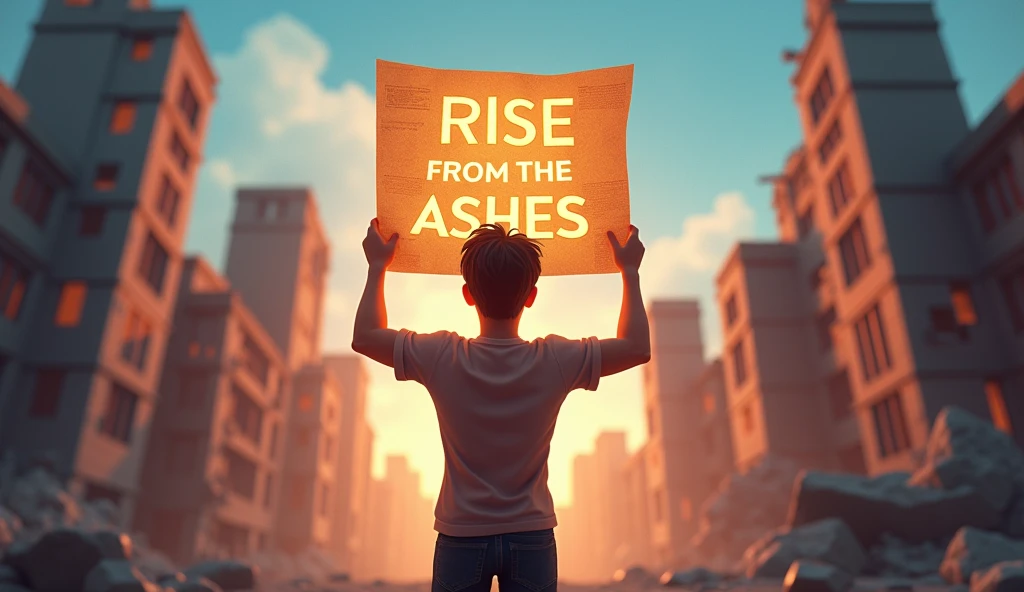  "Create a 3D-style thumbnail that depicts the character in a dynamic pose, holding up glowing blueprints with both hands, as if they are planning to rebuild the abandoned campus in the background. The campus should be partially reconstructed, with a mix of ruins and new structures illuminated by a warm, hopeful light. Use depth of field to blur the background slightly, bringing focus to the character and the blueprints. The text 'RISE FROM THE ASHES' should be integrated into the scene, wrapping around the character in a 3D ribbon-like effect, with a mix of warm and cool tones to match the lighting."