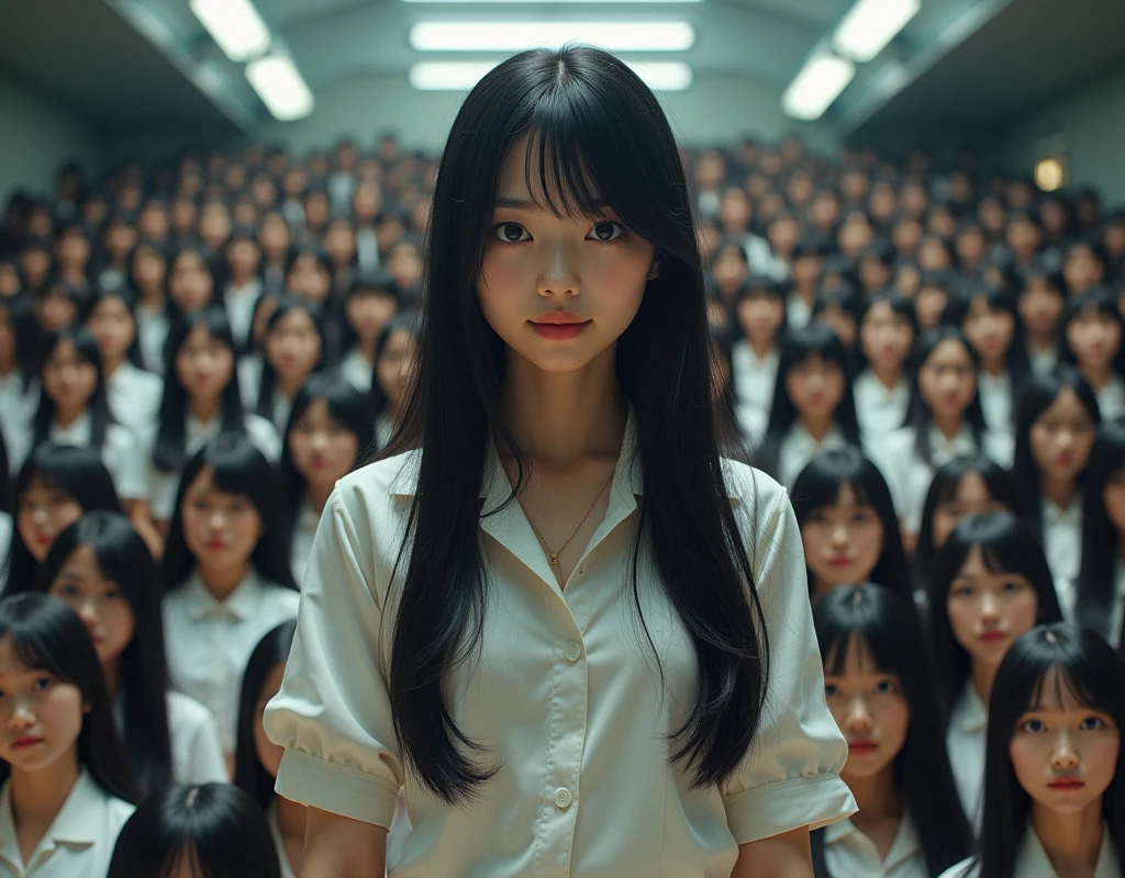 (Japanese Clone-girls=Myself), (Super Best masterpiece Clone-girls Raw Photography Art), (16K, Highest quality, Ultra-high resolution, RAW Photos), (It's so unrealistic., With unparalleled depiction, With an unfathomable sight, An unprecedented and shocking worldview, Clone-girls: In a world of mass reproduction, Ultra-realistic), (Japanese Girls, , Small face, Thick black hair, long hair, Dark Eyes, Mature face, かわいいsmile, Smiling face, A gentle gaze, Very pleasant look), (Very beautiful detailed girls, Accurate body structure, Accurate body movements, Very detailed body, (Super big breasts, Large bulge of ample breasts)), (Schoolgirl uniform, Short sleeve, mini skirt, Emphasise the fullness of your breasts), (Very detailed, Myself cloning, Depiction of splitting oneself, 1Myself girl→1,000,000,000,000,000,000,000,000,000,000Myself cloning girls), (Very detailed and intricate, Myself's body is multiplying, A perfectly matched depiction, (In the same female body,With the same face, With the same hairstyle, In the same clothes, At the same height, 同じSuper big breasts), 1,000,000,000,000,000,000,000,000,000,000 people mass proliferation), (Myself girls only), Academy, academic level, Commemorative photo depiction, Tiered stage photography, smile, Front view