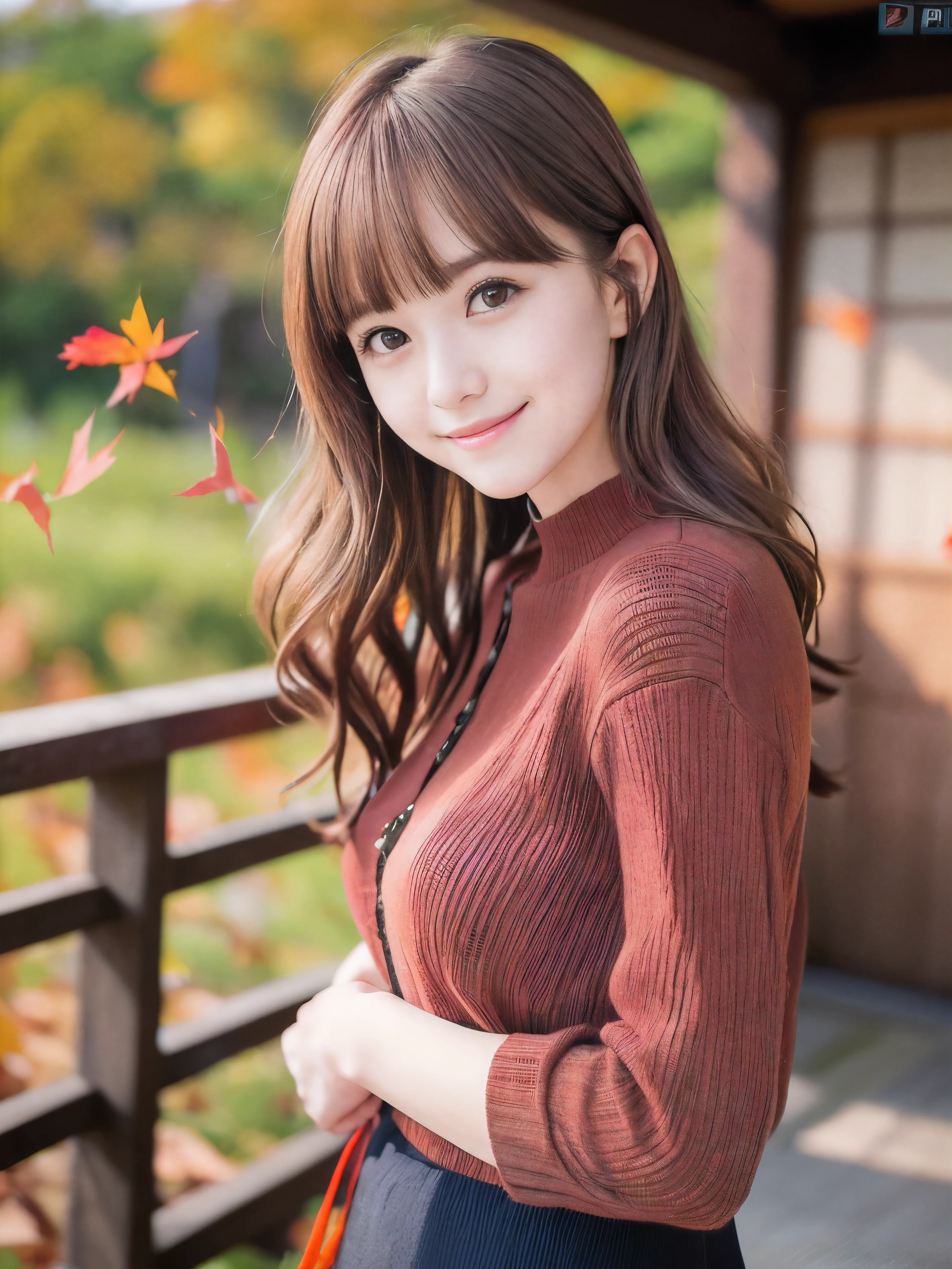 (Close up face shot of one slender small breasts red brown wavy long hair with dull bangs girl in a autumn fashion shirt and sweater and skirt:1.5)、(One girl is leaning forward with happy smile on the dart road near the lake and big waterfall in Japan:1.5)、(Beautiful autumn red leaves and mountain view:1.5)、(Natural light:1.5)、(8k ultra detailed master piece:1.5)、(perfect anatomy:1.5)、(Photorealistic stick:1.5)、(Raw photo:1.3)、(highest quality:1.5)、(High resolution:1.3)、(Delicate and beautiful perfect face:1.3)、(Delicate and beautiful eye air skin:1.3)、(Real Human Skin:1.3)、((thin legs))