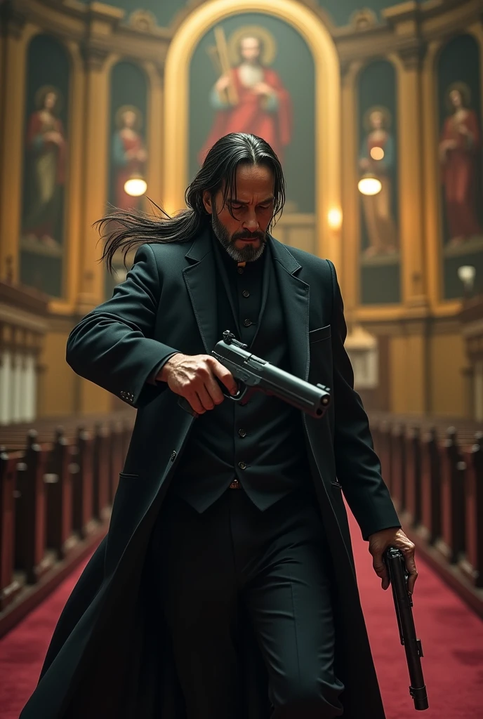 John wick very old wearing a ponytail and wearing a church father robe while holding a gun and fighting full picture