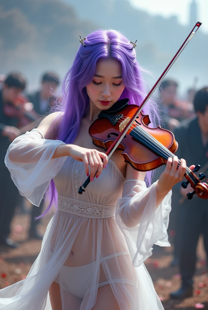 Mulher borboleta de cabelo roxo coreana com fone de e roupa branca transparente em batalha de violino 🎻 música  sangue e homem batalha de violino