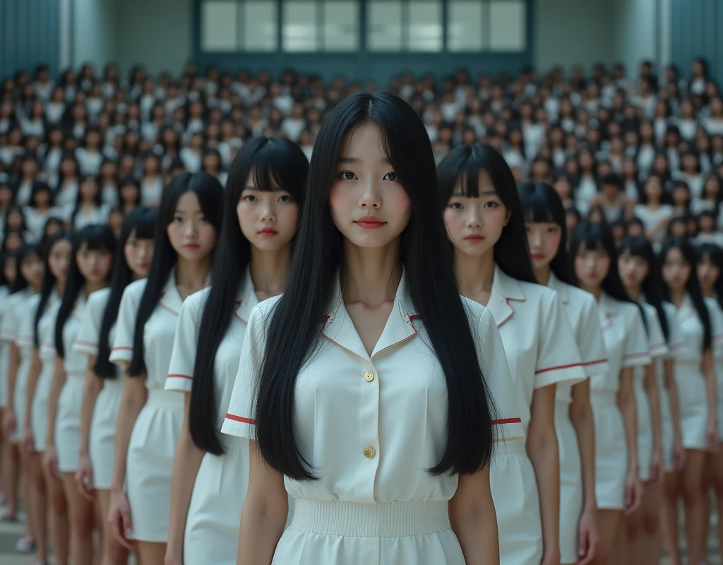 (Japanese Clone-girls=Myself), (Super Best masterpiece Clone-girls Raw Photography Art), (16K, Highest quality, Ultra-high resolution, RAW Photos), (It's so unrealistic., With unparalleled depiction, With an unfathomable sight, An unprecedented and shocking worldview, Clone-girls: In a world of mass reproduction, Ultra-realistic), (Japanese Girls, 16yo, Small face, Thick black hair, long hair, Dark Eyes, Mature face, かわいいsmile, Smiling face, A gentle gaze, Very pleasant look), (Very beautiful detailed girls, Accurate body structure, Accurate body movements, Very detailed body, (Super big breasts, Large bulge of ample breasts)), (Schoolgirl uniform, Short sleeve, mini skirt, Emphasise the fullness of your breasts), (Very detailed, Myself cloning, Depiction of splitting oneself, 1Myself girl→1,000,000,000,000,000,000,000,000,000,000Myself cloning girls), (Very detailed and intricate, Myself's body is multiplying, A perfectly matched depiction, (In the same female body,With the same face, With the same hairstyle, In the same clothes, At the same height, 同じSuper big breasts), 1,000,000,000,000,000,000,000,000,000,000 people mass proliferation), (Myself girls only), Academy, academic level, Commemorative photo depiction, Tiered stage photography, smile, Front view