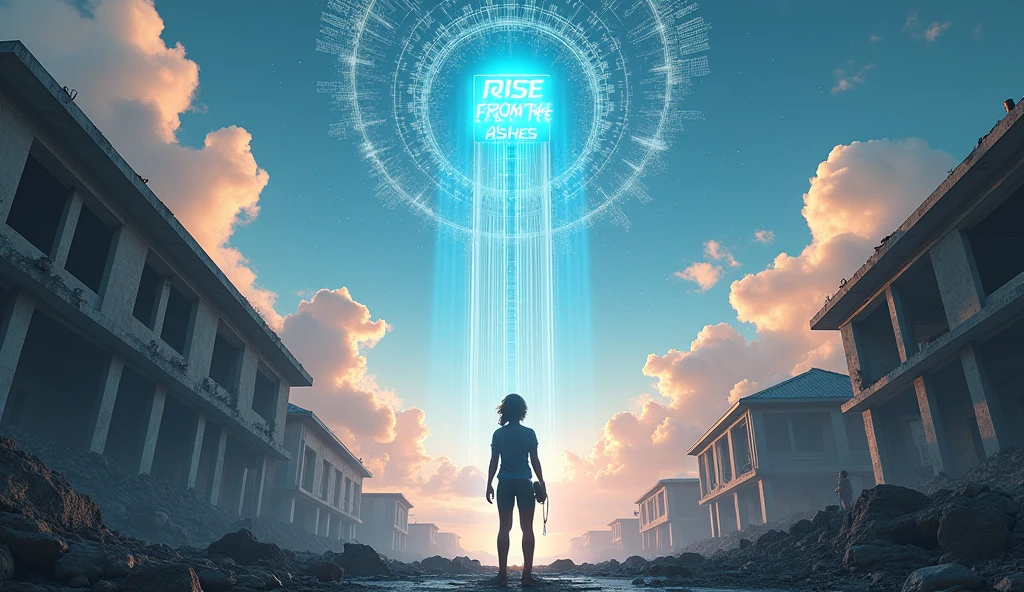 "Design a 3D-style YouTube thumbnail that shows the character standing on a high point within the abandoned campus, looking out over the ruins with a visionary expression. In the sky above, use a split effect with one half showing dark clouds and the other half filled with glowing light and hints of new structures being imagined. The character should be holding a holographic device projecting futuristic blueprints into the air. The text 'RISE FROM THE ASHES' should appear in large, futuristic letters at the top, with a 3D effect that makes it appear as if it’s emerging from the ruins and ascending into the sky."