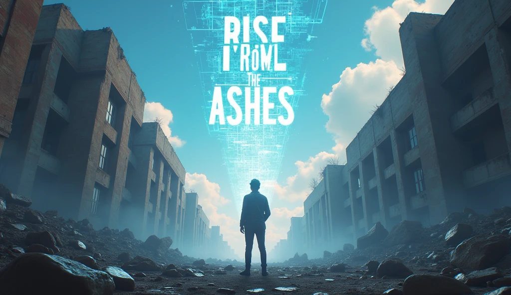 "Design a 3D-style YouTube thumbnail that shows the character standing on a high point within the abandoned campus, looking out over the ruins with a visionary expression. In the sky above, use a split effect with one half showing dark clouds and the other half filled with glowing light and hints of new structures being imagined. The character should be holding a holographic device projecting futuristic blueprints into the air. The text 'RISE FROM THE ASHES' should appear in large, futuristic letters at the top, with a 3D effect that makes it appear as if it’s emerging from the ruins and ascending into the sky."