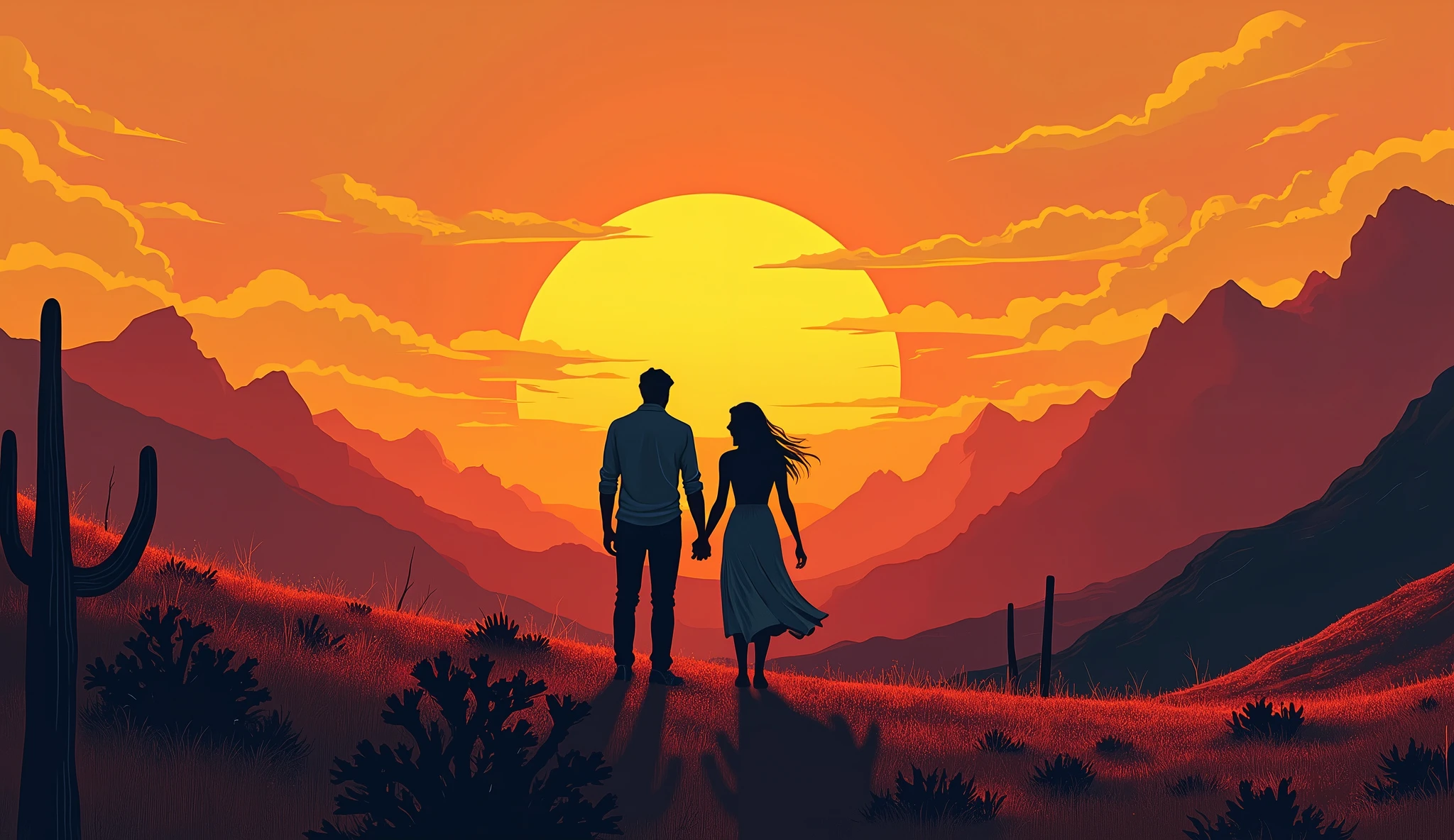 A man and a woman hold hands in the western wilderness, sunset with a big sun, back perspective,
modern art