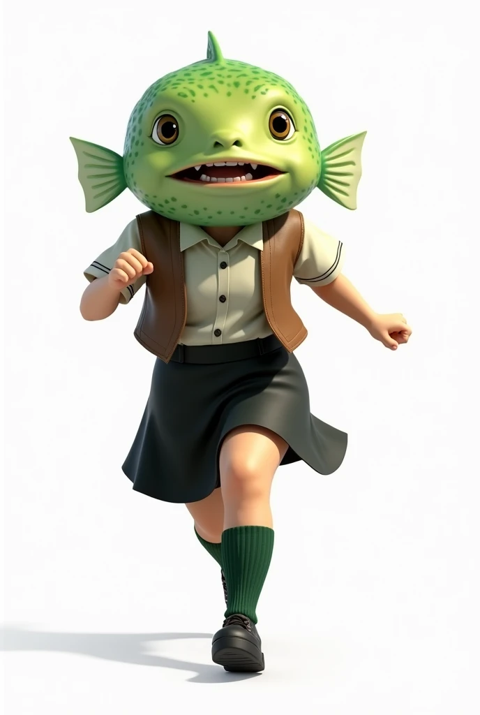 ((Highest quality)), ((photorealistic, hyperrealistic photo, portrait)), (front), (smile), (The upper half of the pufferfish is green.), (Short sleeves), ((No hair)), (The Kusafugu has 80% of the facial features of a human female.), A pufferfish with a very realistic head, A woman with a human body, オフホワイトで襟付きのShort sleevesシャツに薄茶色のベストを着てひざ丈の黒いスカートに濃い緑色の短い靴下と黒の靴を履いてる, Running at full speed, Background is white, Photorealistic images,