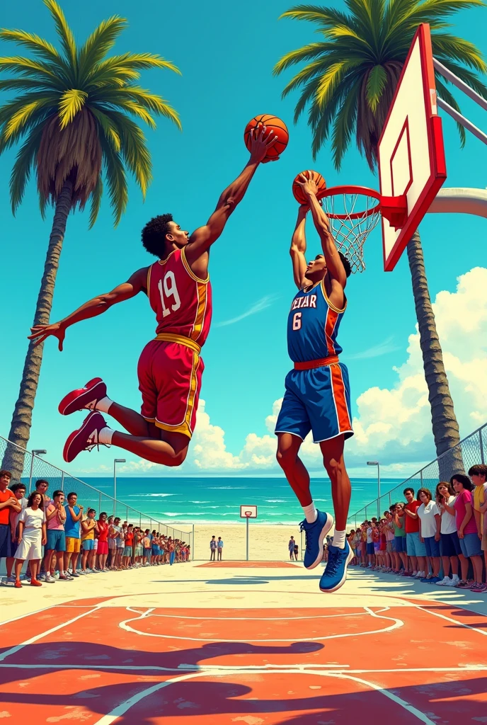 Manga-style illustration of a vibrant basketball court inspired by Venice Beach, two players dunking, dynamic poses, palm trees in the background, beach vibe, energetic atmosphere, spectators cheering, colorful and expressive --ar 1:1 --stylize 700 --no text