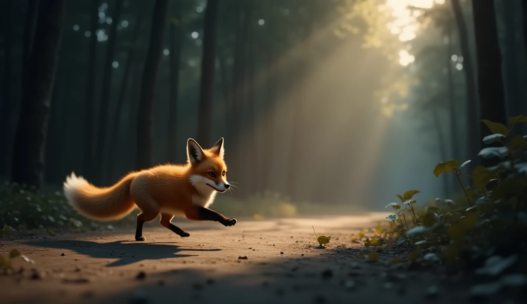 There is a shadow、Photorealistic、Ultra HD、The fox is running happily、Side view