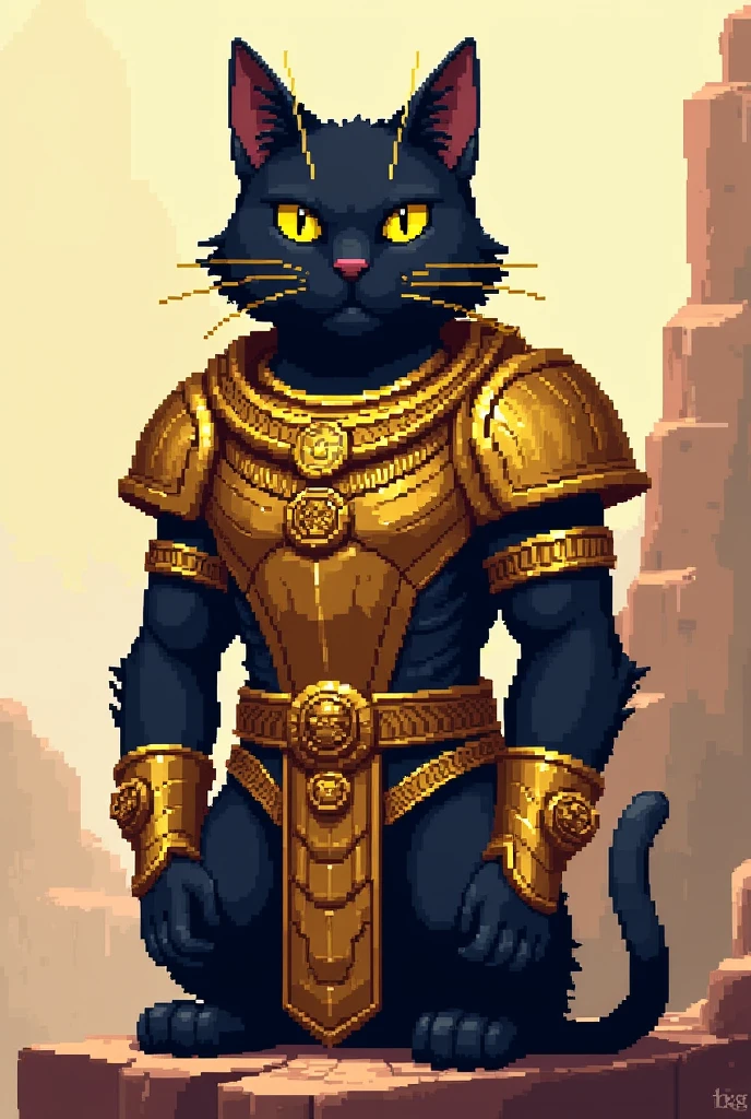 Pixel Sprite of a Strong Black Cat with Golden Egyptian Armor