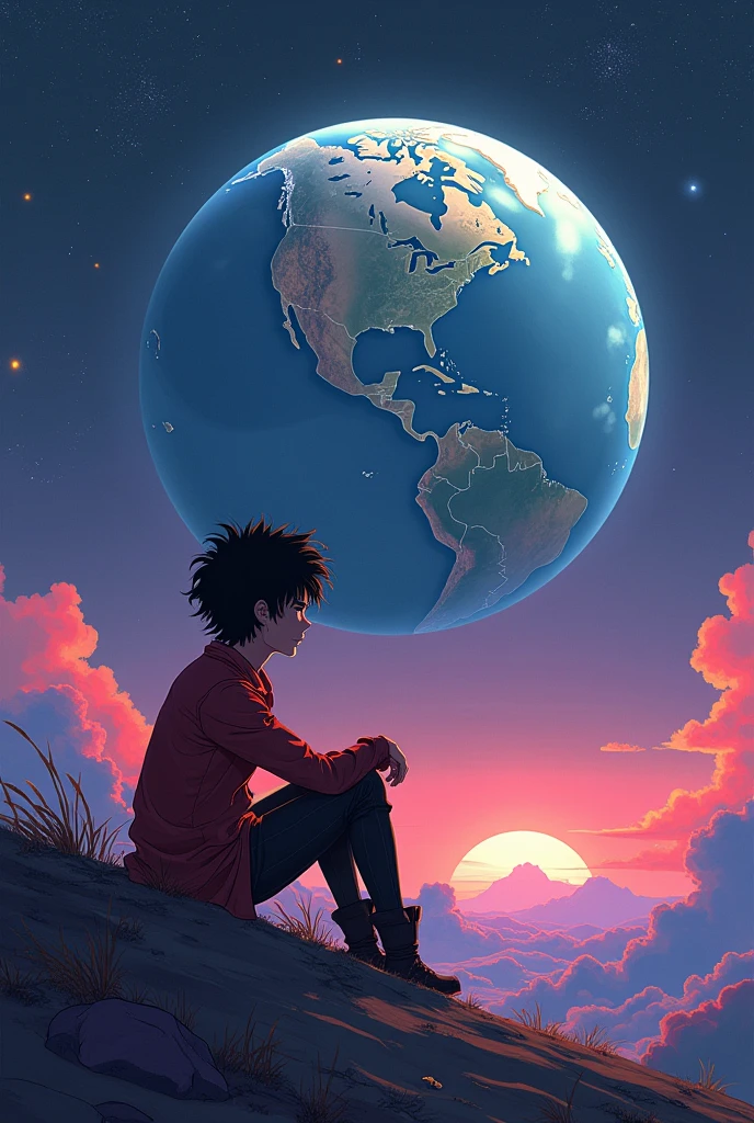 Animated cartoon of a person sitting on the ground and looking at the earth、Spike, the main character of Cowboy Bebop, Space Cowboy, cyber Space Cowboy, Inspired by Josan Gonzalez, Makoto Shinkai ( Apex Legends ), Akira art style, Lostland Style, Akira Vibe, Akira art style, Floating next to the planet, Josan Gonzalez, Sci-Fi Art!!!!!!!, Josan Gonzalez!!!, In space, Modern science fiction anime  