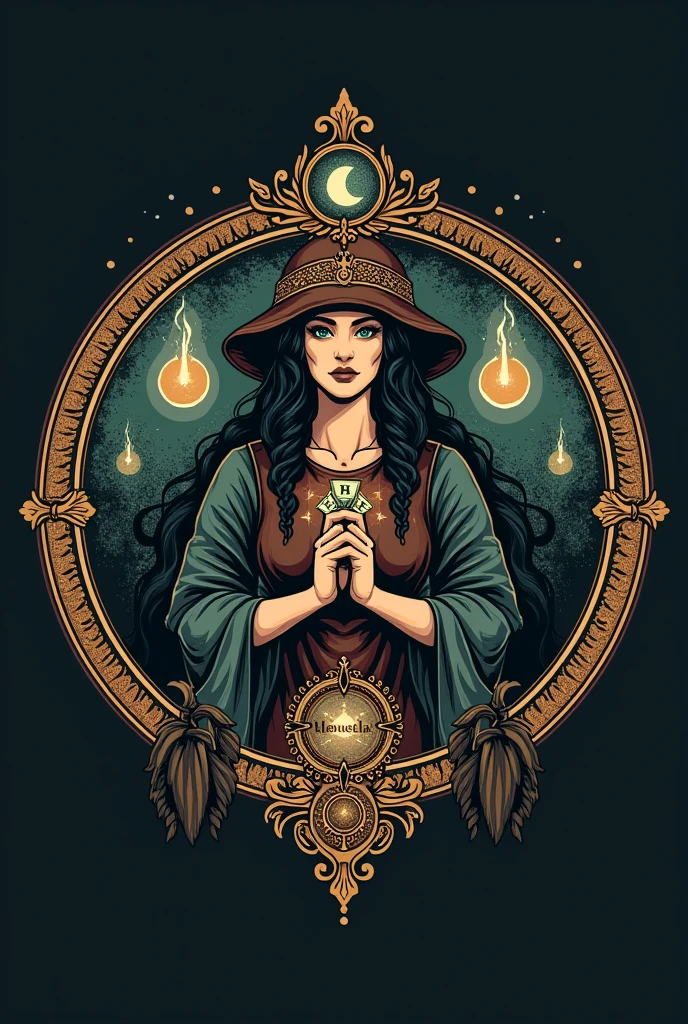 Make a round logo with the theme of Manuela oraculista, with the name Manuela Oraculista and tarot cards