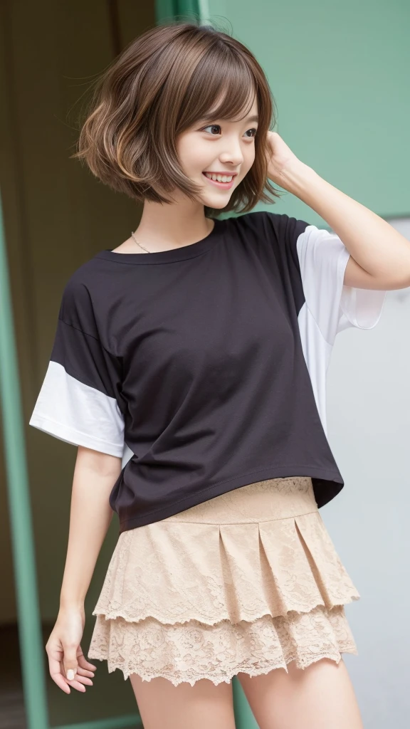 (((masterpiece))), ((photo realistic:1.2)), (full body), ((Japanese girl)), no makeup, ((broad jawline)), puffy face, colorful, casual, (light brown hair, short bob cut, messy hair), (Oversized Plain T-shirt), (Lace tiered mini skirt), from bottom, front shot, laugh out loud