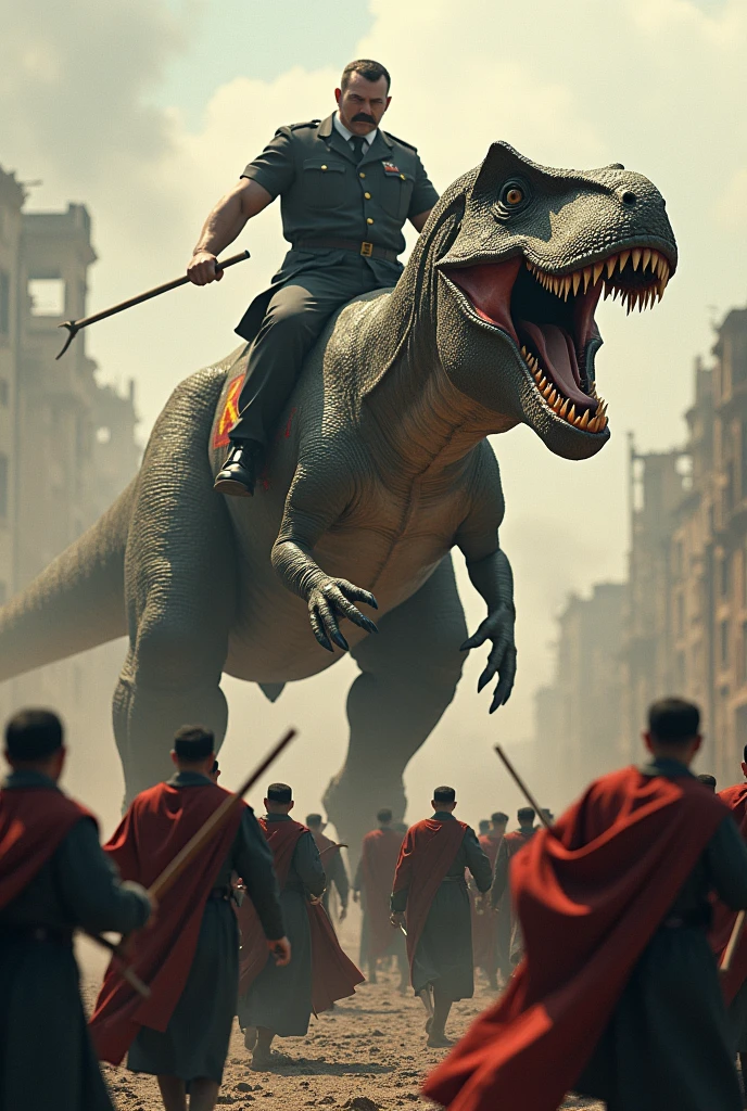 Make a communist Tyrannosaurus Rex led by a muscular Hitler as he fights an army of Jesuits with clergy staffs