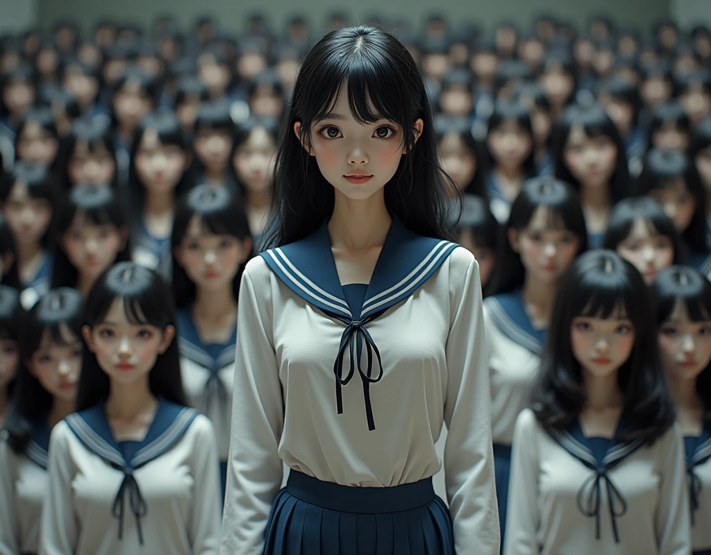 (Japanese Clone-girls=Myself), (Super Best masterpiece Clone-girls Raw Photography Art), (16K, Highest quality, Ultra-high resolution, RAW Photos), (It&#39;s so unrealistic., With unparalleled depiction, With an unfathomable sight, An unprecedented and shocking worldview, Clone-girls: In a world of mass reproduction, Ultra-realistic), (Japanese Girls, 16yo, Small face, Thick black hair, long hair, Dark Eyes, Mature face, かわいいsmile, Smiling face, A gentle gaze, Very pleasant look), (Very beautiful detailed girls, Accurate body structure, Accurate body movements, Very detailed body, (Super big breasts, Large bulge of ample breasts)), (Schoolgirl uniform, Short sleeve, mini skirt, Emphasise the fullness of your breasts), (Very detailed, Myself cloning, Depiction of splitting oneself, 1Myself girl→1,000,000,000,000,000,000,000,000,000,000Myself cloning girls), (Very detailed and intricate, Myself&#39;s body is multiplying, A perfectly matched depiction, (In the same female body,With the same face, With the same hairstyle, In the same clothes, At the same height, 同じSuper big breasts), 1,000,000,000,000,000,000,000,000,000,000 people mass proliferation), (Myself girls only), Academy, academic level, Commemorative photo depiction, Tiered stage photography, smile, Front view