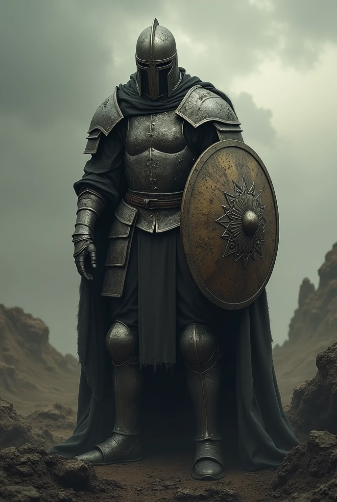 The saddest warrior with armors, shield and helmet