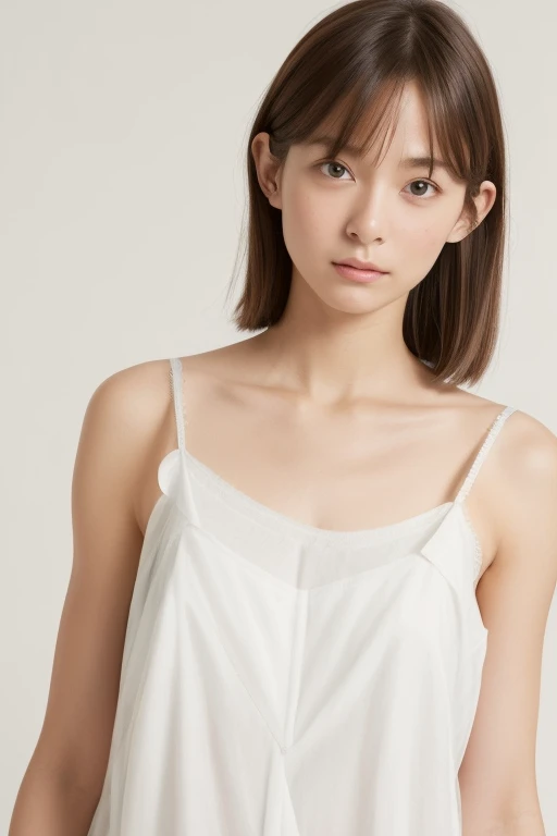 ((Camisole White: 1.5)), Sexy pose sculpture, (table top:1.3), (8k, realistic, raw photo, best quality:1.4), (1 girl), beautiful face, realistic face, (detailed face), beautiful hairstyle, (detailed hair), realistic eyes, (detailed eyes), beautiful details, realistic skin, (detailed skin), beautiful skin, attractive, ultra high definition, surrealism, very detailed, (big bust:0.5), Japanese beauty, (slim body), mild, brown hair, (supermodel figure), Cute little Japanese girl, Cute little Japanese girl, (Simple grey background), big bust :1.2, Enhanced Splitting, Shy, ((wide shot)), ((whole body: 1.3)), ((Camisole White: 1.5)), ((panties: 1.5))