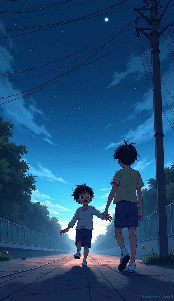 A 2D animated and anime-style scene where **Arun** and **Sameer** are shown running out of the station boundary. As they cross the line, the environment gradually transforms into a peaceful night view with a calm, starry sky. The characters, though relieved, still have cautious expressions, with large anime-style eyes showing a mix of relief and lingering fear. **Arun** and **Sameer** will look the same as in previous scenes, maintaining visual continuity. The platform and station details are still visible, gradually fading as the scene transitions to a calmer, more serene environment.