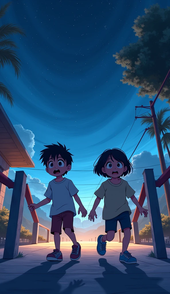 A 2D animated and anime-style scene where **Arun** and **Sameer** are shown running out of the station boundary. As they cross the line, the environment gradually transforms into a peaceful night view with a calm, starry sky. The characters, though relieved, still have cautious expressions, with large anime-style eyes showing a mix of relief and lingering fear. **Arun** and **Sameer** will look the same as in previous scenes, maintaining visual continuity. The platform and station details are still visible, gradually fading as the scene transitions to a calmer, more serene environment.