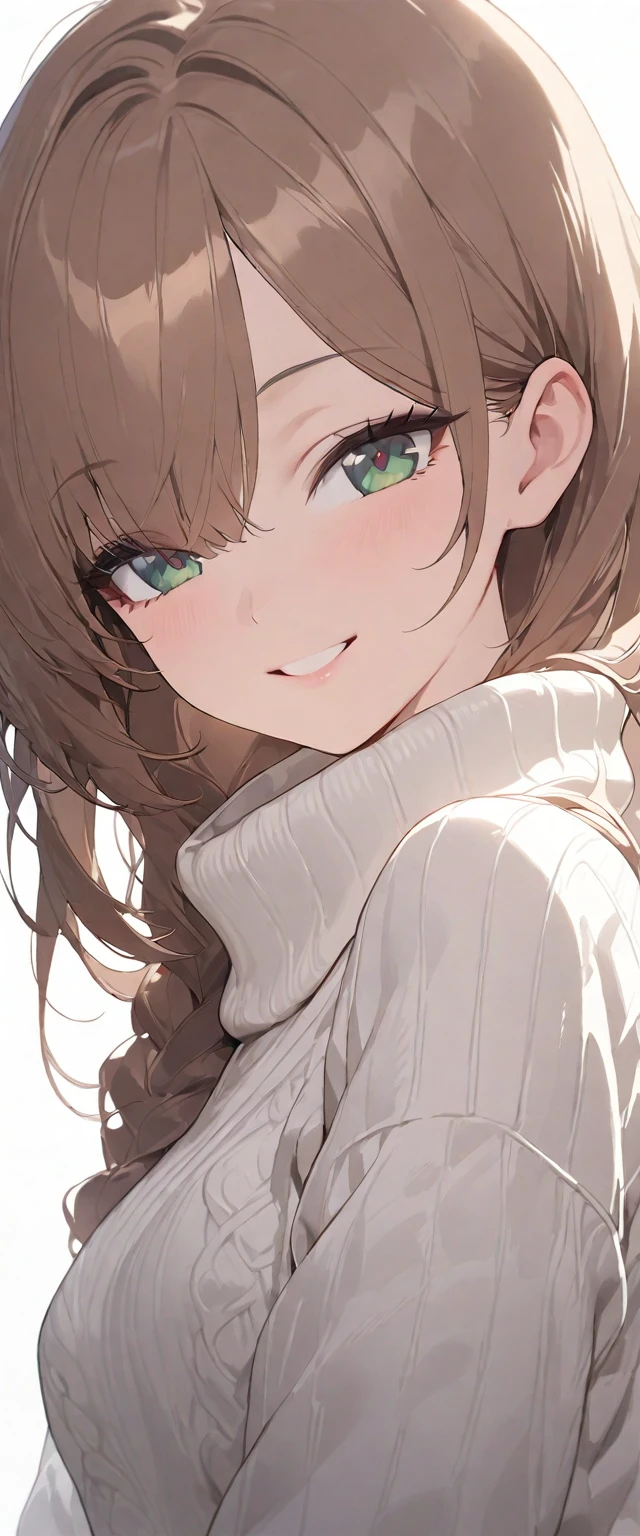 A stunning high-resolution portrait masterpiece，Depicts a girl with long beautiful and delicate hair, Shiny brown hair and stunning green eyes, Wear a cozy sweater，Show a bright smile，Highlighting her small but perfect breasts.