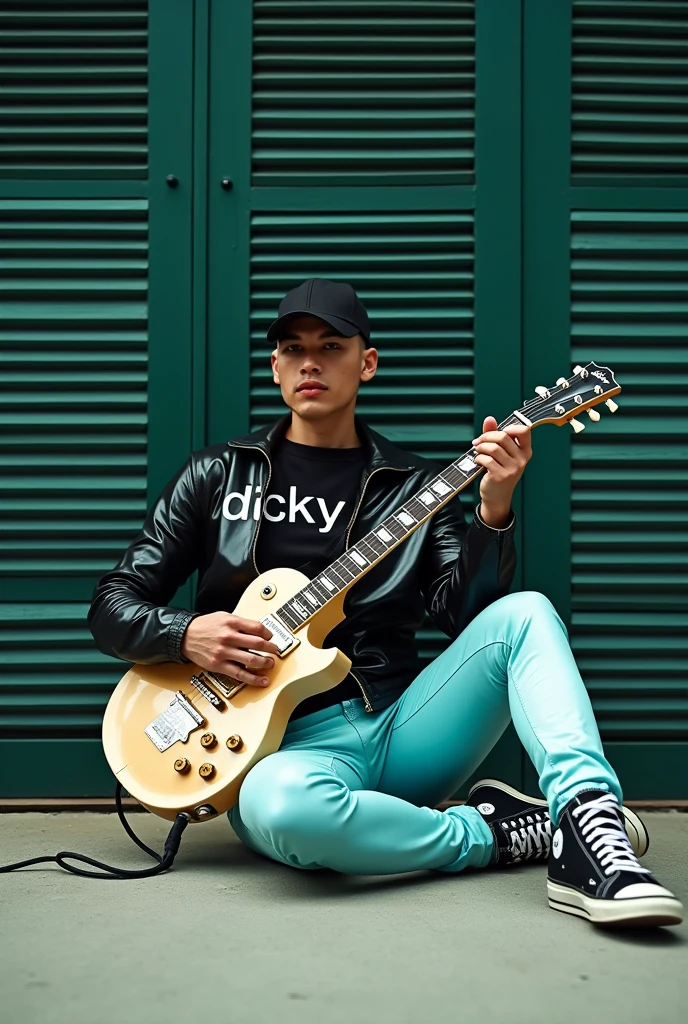 A man 30 years old seated on the ground, playing an electric guitar. He wear cap, He wears a shiny black latex rubber jacket with the word 'Dicky' printed on it, shiny light-blue latex pants, and shiny black and white latex sneakers. The guitar he holds is predominantly beige with a star design on its body. he is positioned against a backdrop of dark-Green wooden shutters. The ground appears to be made of painted concrete, and there's a cable connected to the guitar's input jack., photo, architecture