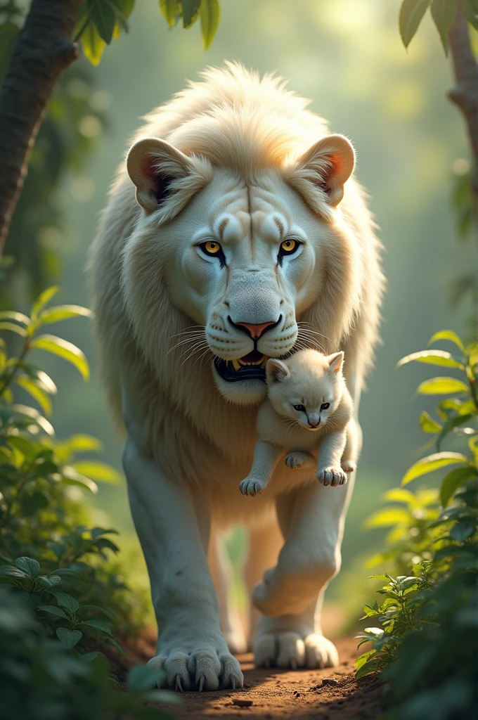 A white lioness, carrying her puppy 