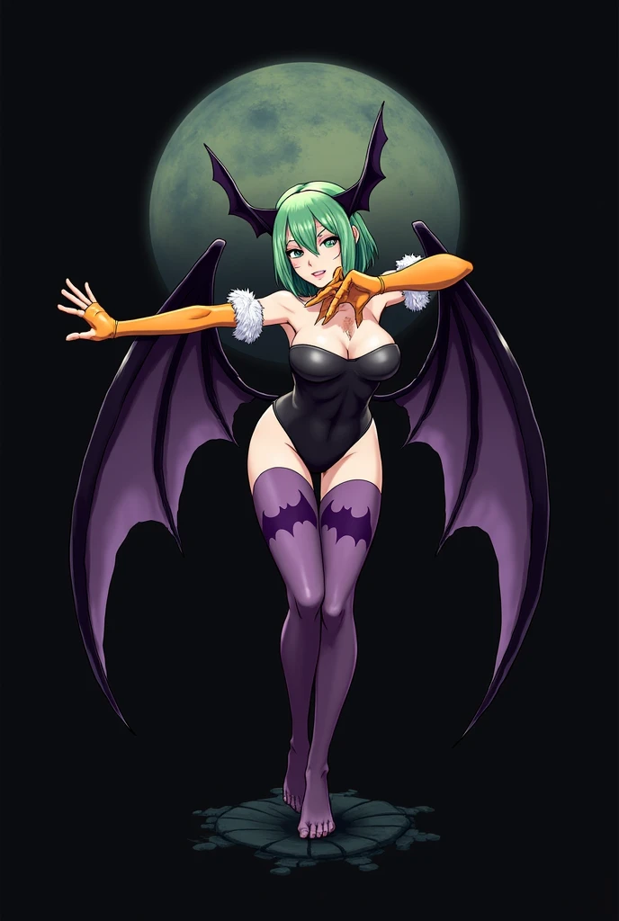 The female character Morrigan Aensland, she is a succubus, she has shine, cabelo verde claro, she has light green eyes, black bat wings with purple membranes on the back and two bat wings on the sides of the head, She wears a black swimsuit over purple tights with purple bat symbol silhouettes., There is a detail of white feathers coming out of the neckline and going down to below the shoulders.., shoulders showing, black booties, long fingerless gloves in orange color, imposing posture, in stone ruins in the background, at night under the moonlight and with warm lighting.