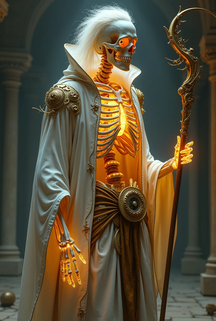 Skeleton, Male, 300+ years old, Glowing gold-tinted bones, Crystal-like parts, Faint glowing light in eye sockets, Tattered white robe, Worn old, Intricate clockwork mechanisms, Golden gears, Clock hands on arms neck and waist, Alchemist staff, Time manipulation, Glowing, Mysterious, Ancient, Wise, Slow walking, Staff in hand, unique hairstyle, no eyes
