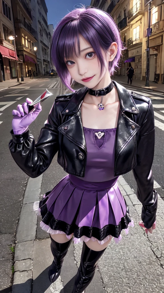 Highest quality, High resolution, One Girl, Higuchi Madoka, , Purple Hair, mole under the eyes, mole, hair ornaments, Valletta, , short hair,,, prohibit, Purple eyes, ,},{{alone,Boyish 1 Girl}} Are standing,,{1},Black trench coat and leather boots} Show Viewer,, tattoo, High heels, but, belly button, smile, Purple Lipstick、Pink Eyes、Grin、smile, A light smile, anger, blush, saliva, black micro mini skirt、 tattoo、（濃いPurple Lipstick、Purple lips）Pink thigh-high boots、Highlight the face、、（濃いPurple Lipstick、Purple lips）Purple eyes, Purple lips、Absolute area、Leather Micro Mini Skirt、Browsing Caution、Holding a knife、Licking the knife、Abdominal muscles、bad woman、sadistic、Disgust、Bloodbath、Are standing，Braiding, gloves, Holding, Show Viewer, black gloves, Earrings, Black skirt with frills, Center of chest, Black enamel boots, Evil smile, Devilish Grin, (Shiny fabric:1.5), Full Body Shot, Purple Gemstone, Seductive pose, blush, 