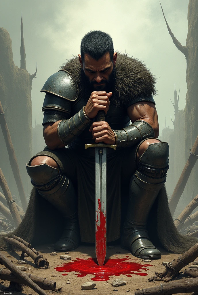 A warrior kneeling down hurting himself with his own sword