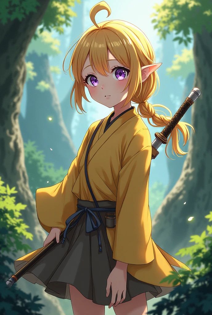 Anime girl. In demon slayer art style. Had a blonde hair and purple eyes. Wearing a yellow ish houri. Also had a sword with her. The background is she was at the woods.