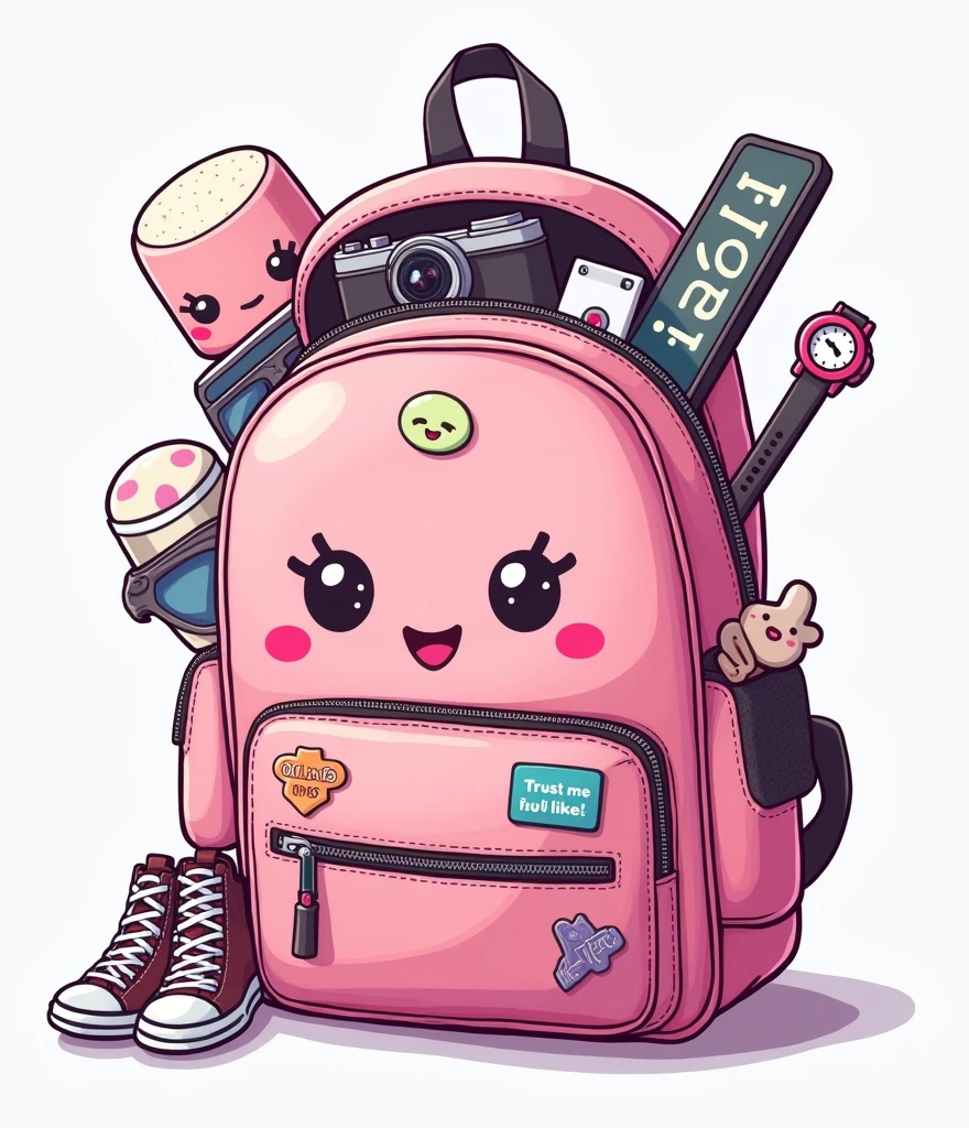 a pink backpack (cutest with cartoon style squishmallows,) with several items coming out of it. These items include a pair of sneakers, sunglasses, a camera, an iPod with headphones, a wristwatch and a smartphone displaying the time 12:30. The backpack has several patches and pins with different designs, como estrelas, texts and logos. A patch says "Trust me you’ll like it!" while another has the text "Milano." The image represents a modern youth culture full of technology and fashion accessories..