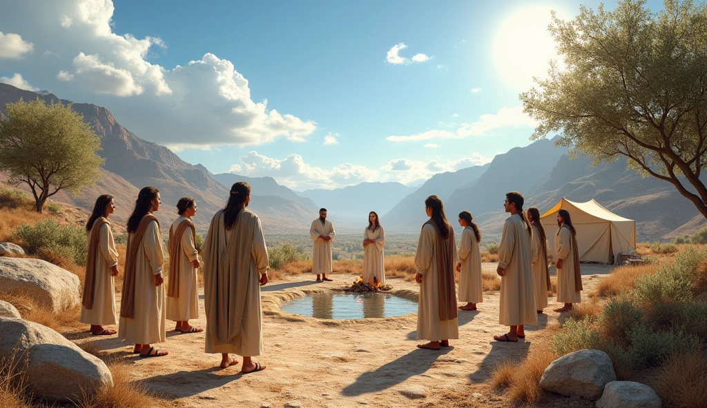 
"Create a scene that portrays an ancient and serene environment, inspired by a biblical account from 4 years ago.000 years. The image should show an arid, mountainous landscape, with a clear blue sky and some white clouds. In the foreground, a group of people dressed in traditional biblical costumes, like linen tunics and leather sandals, are gathered in a circle, discussing with expressions of reflection and spirituality. Ao fundo, a simple tent and a campfire can be seen, symbolizing nomadic life. natural elements, like olive trees and a spring of water, should be included to convey a sense of connection to creation. The soft light of the dawning sun illuminates the scene, creating an atmosphere of peace and reverence."