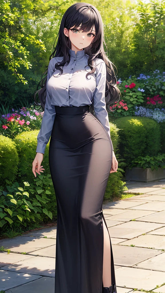 masterpiece, best quality, high detail, beautiful woman, wavy hair, dark blue hair, ((gray blouse)), black midi pencil skirt, ((long skirt)), upper body, hips, hip bones, boots, looking at viewer, garden, backyard,