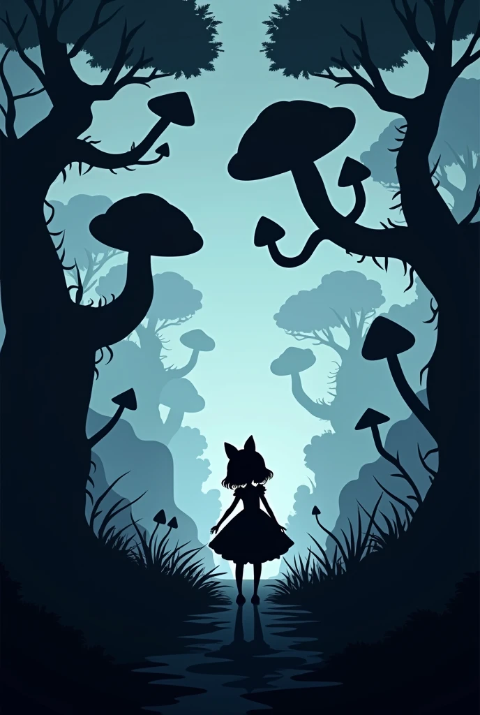 "Minimalist silhouette art in the style of Olly Moss, depicting a dark and twisted version of 'Alice in
Wonderland. Alice is a small, lost figure in the foreground, taking up no more than one-third of the
image, slumped over, looking disheveled and exhausted, yet retaining a hint of her youthful beauty.
The rest of the image showcases a surreal, eerie landscape of Wonderland, with oversized, distorted
elements like twisted trees, creepy mushrooms, and warped playing cards. The color palette should
be dark and moody, with deep blues, purples, and black shadows, creating a haunting atmosphere
that emphasizes Alice's sense of being last and out of place.